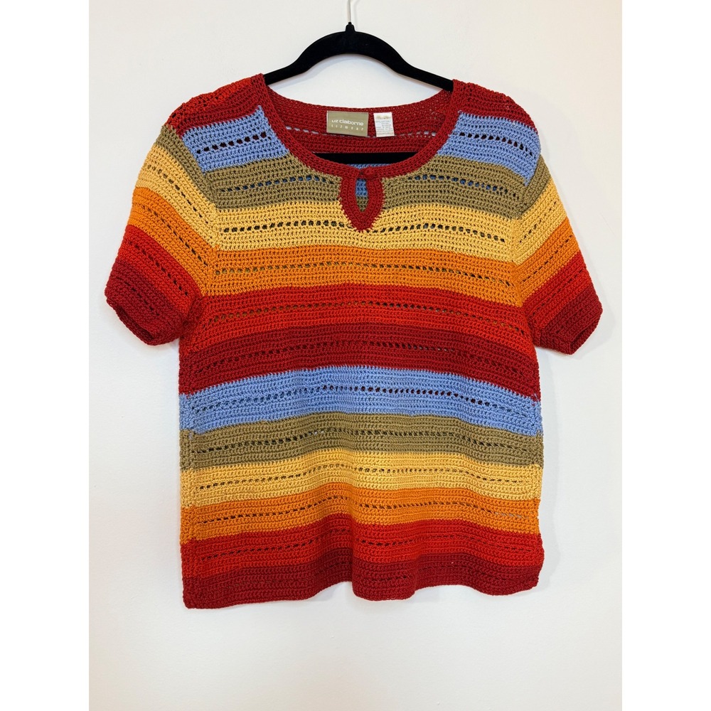 Liz Claiborne Lizwear Womens Striped Crochet Knit Cotton Sweater Top Red Multi